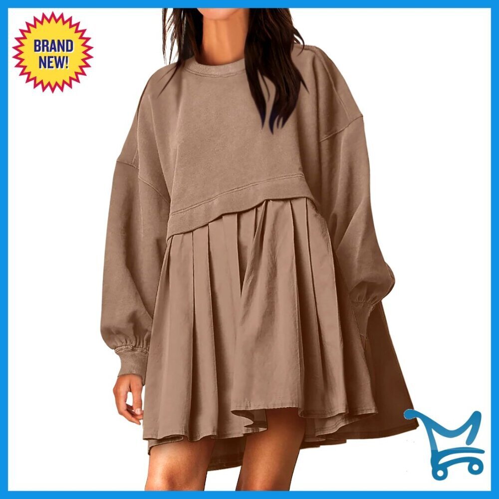 Oversized Sweatshirt Dress Pleated Lantern Sleeves Casual Loose Fit Fall Winter